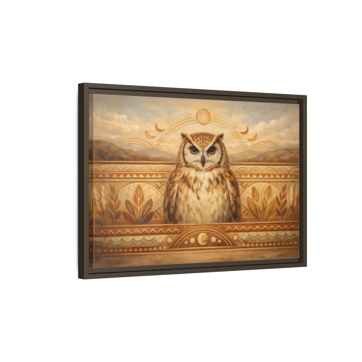 Side Mockup 2. Animals Owl Brown And Gold shown as stretched canvas wall art