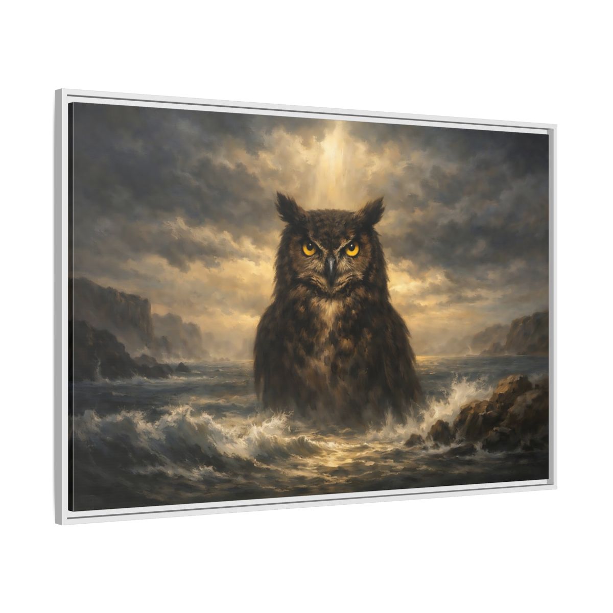 Side Mockup 7. Animals Owl Brown And Gold Owl shown as stretched canvas wall art
