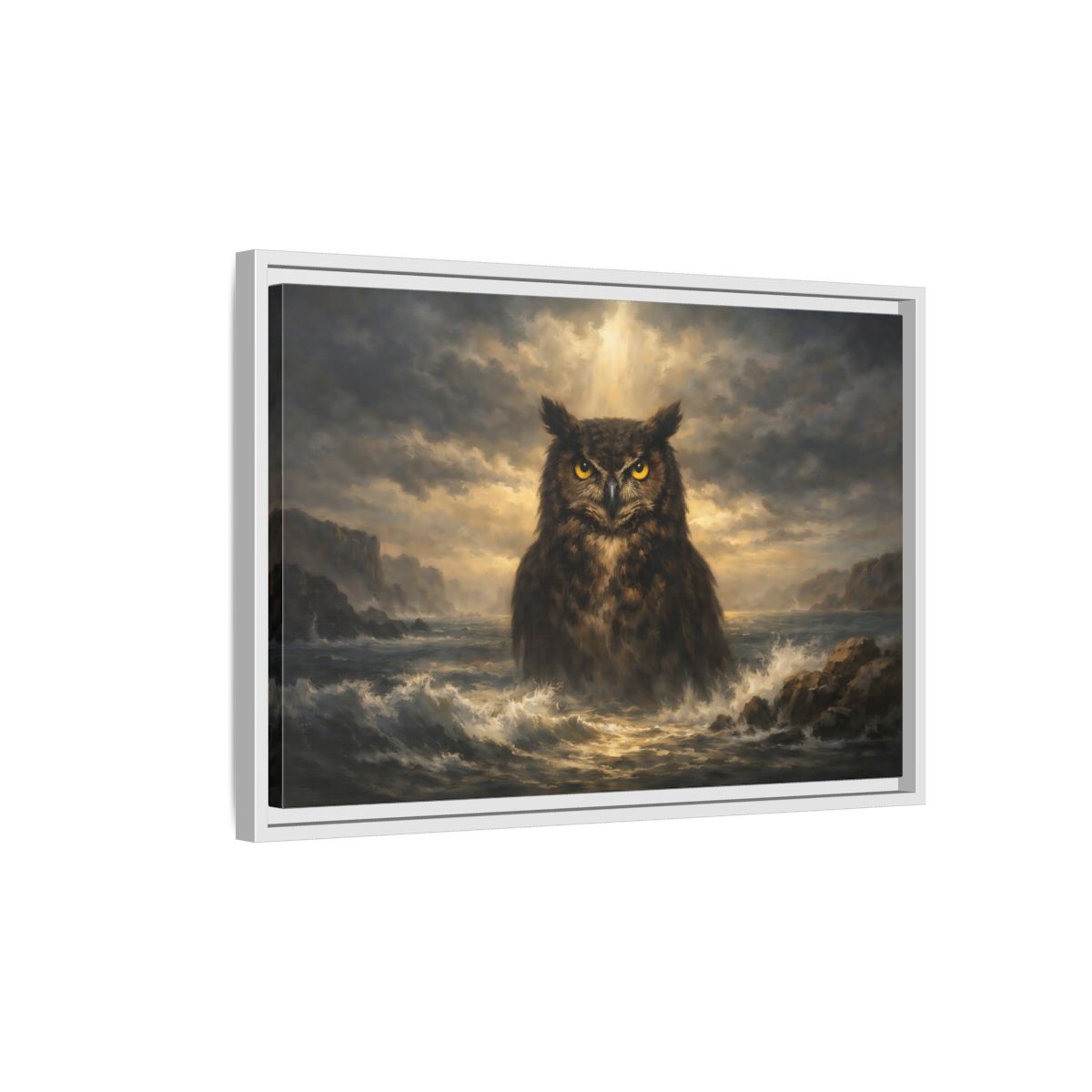 Side Mockup 1. Animals Owl Brown And Gold Owl shown as stretched canvas wall art