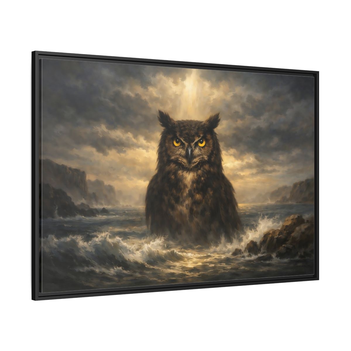 Side Mockup 12. Animals Owl Brown And Gold Owl shown as stretched canvas wall art