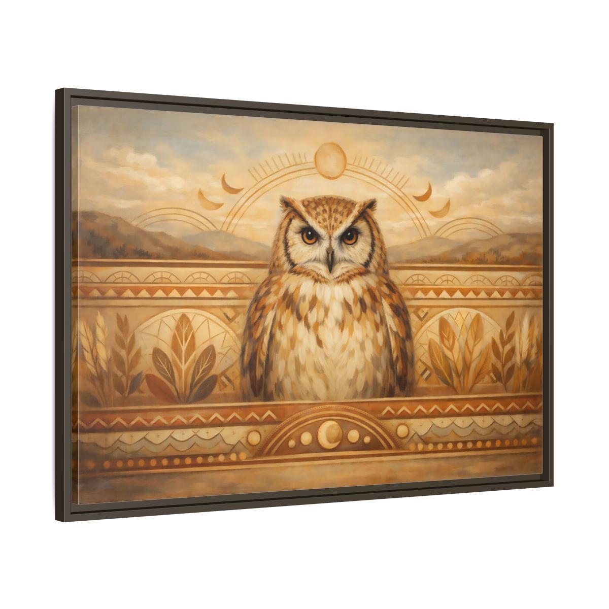 Side Mockup 9. Animals Owl Brown And Gold shown as stretched canvas wall art