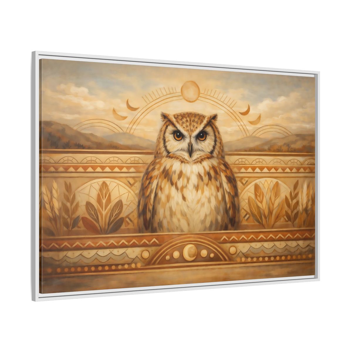 Side Mockup 7. Animals Owl Brown And Gold shown as stretched canvas wall art