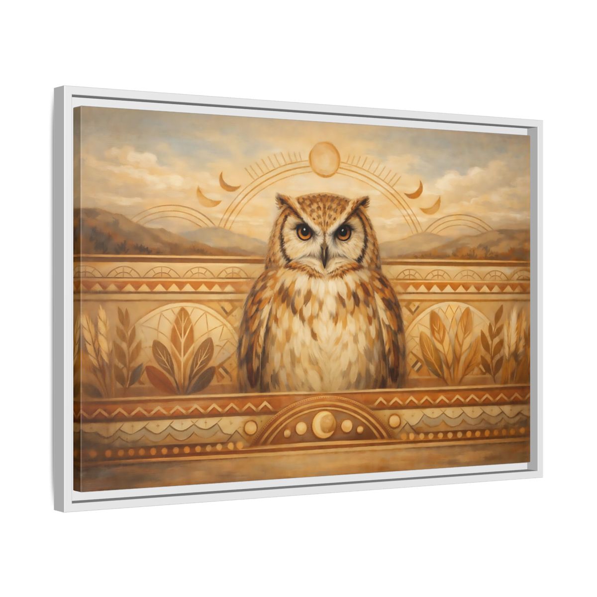 Side Mockup 10. Animals Owl Brown And Gold shown as stretched canvas wall art