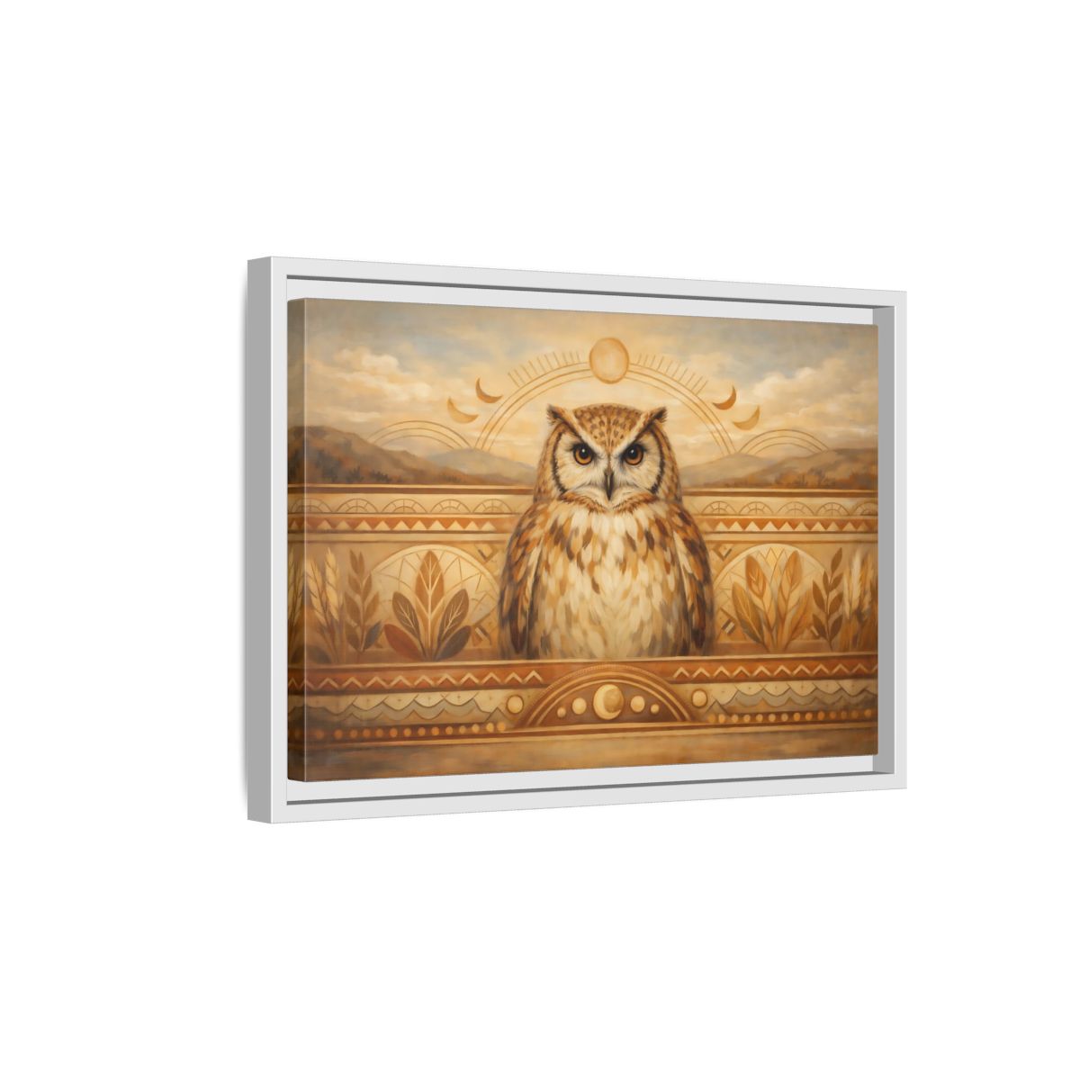 Side Mockup 4. Animals Owl Brown And Gold shown as stretched canvas wall art