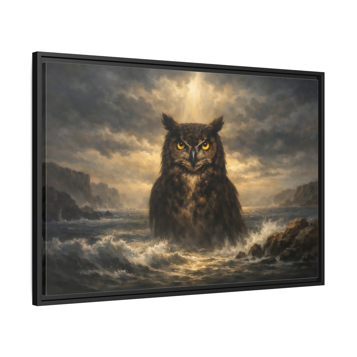 Side Mockup 13. Animals Owl Brown And Gold Owl shown as stretched canvas wall art
