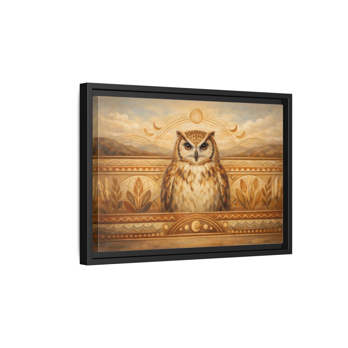 Side Mockup 6. Animals Owl Brown And Gold shown as stretched canvas wall art