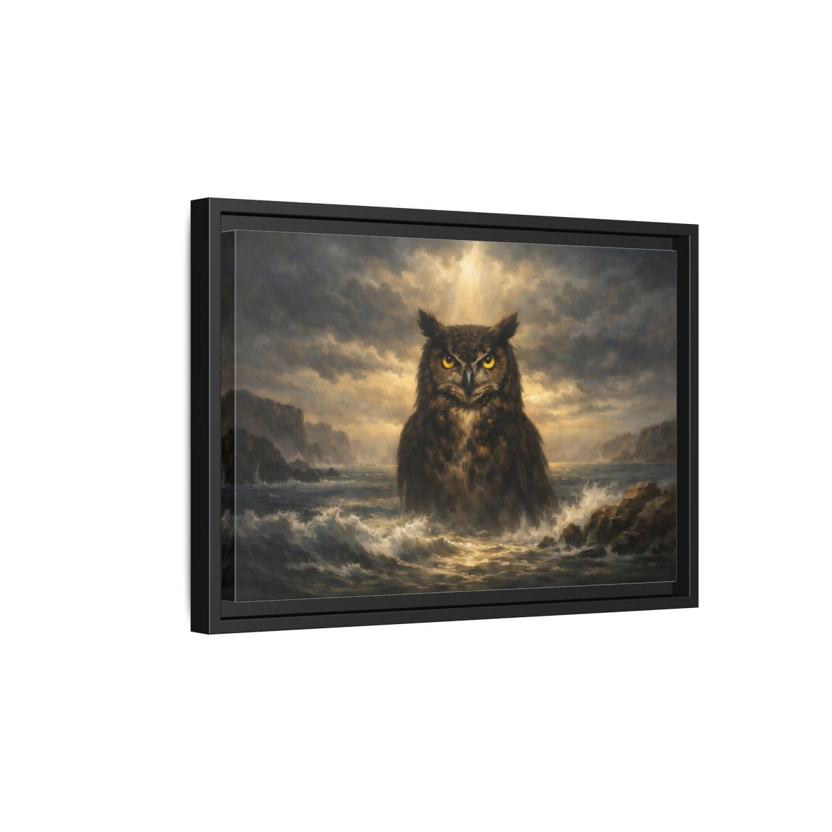 Side Mockup 6. Animals Owl Brown And Gold Owl shown as stretched canvas wall art