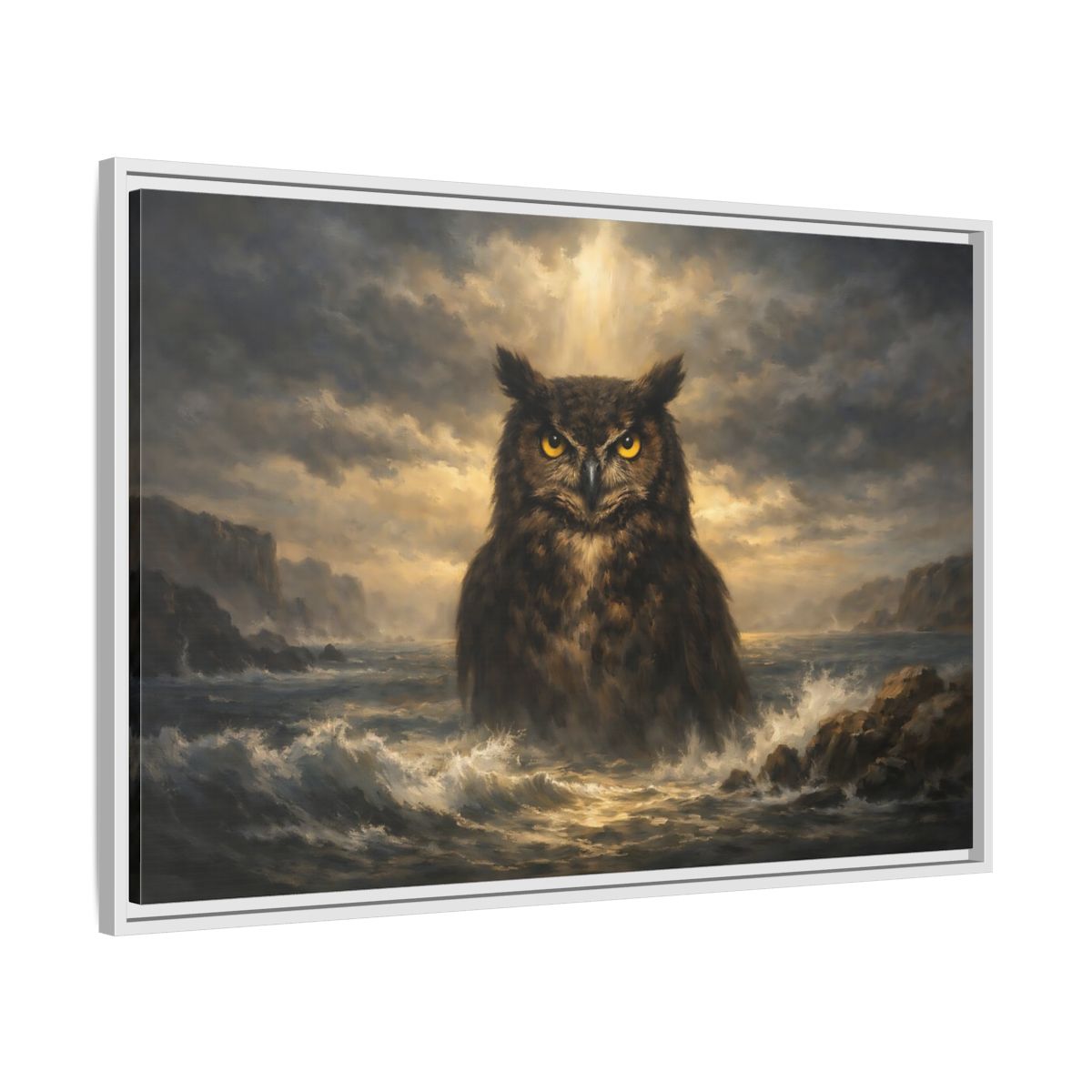Side Mockup 8. Animals Owl Brown And Gold Owl shown as stretched canvas wall art