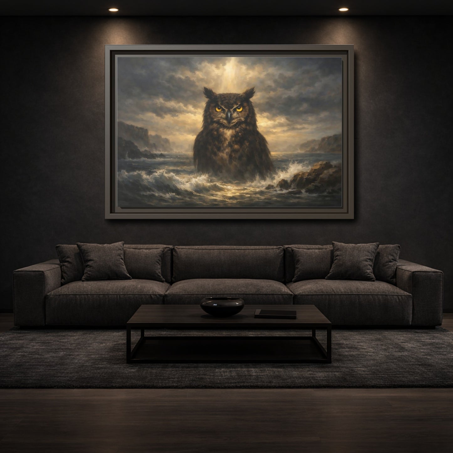 Mockup 2. Animals Owl Brown And Gold Owl shown as stretched canvas wall art