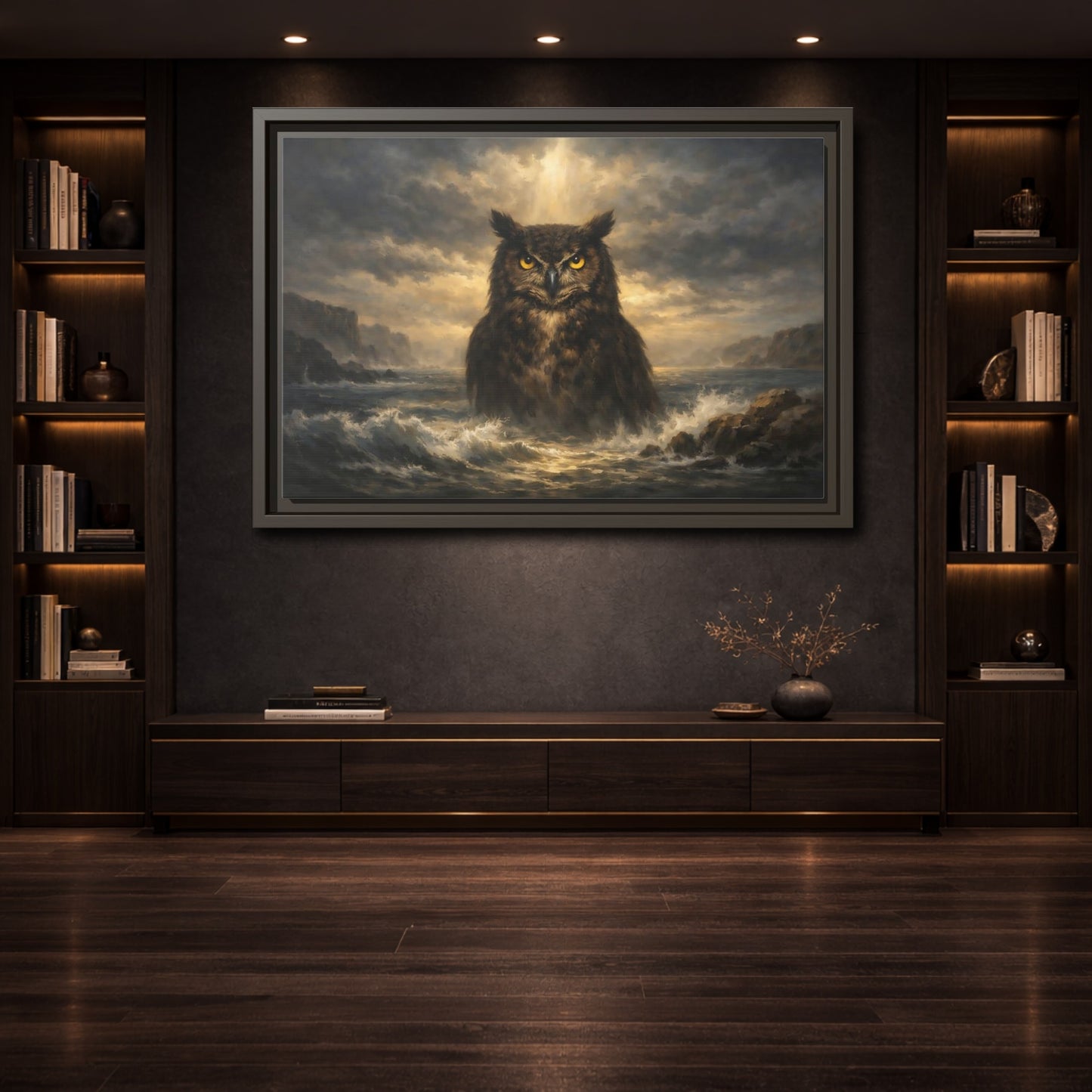 Mockup 3. Animals Owl Brown And Gold Owl shown as stretched canvas wall art