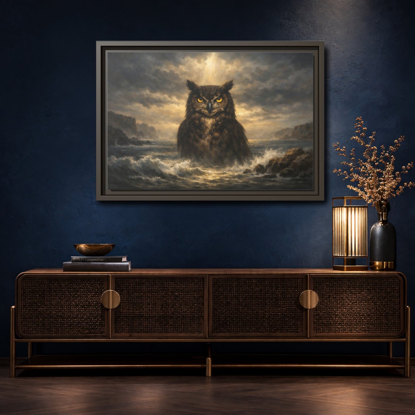 Mockup 4. Animals Owl Brown And Gold Owl shown as stretched canvas wall art