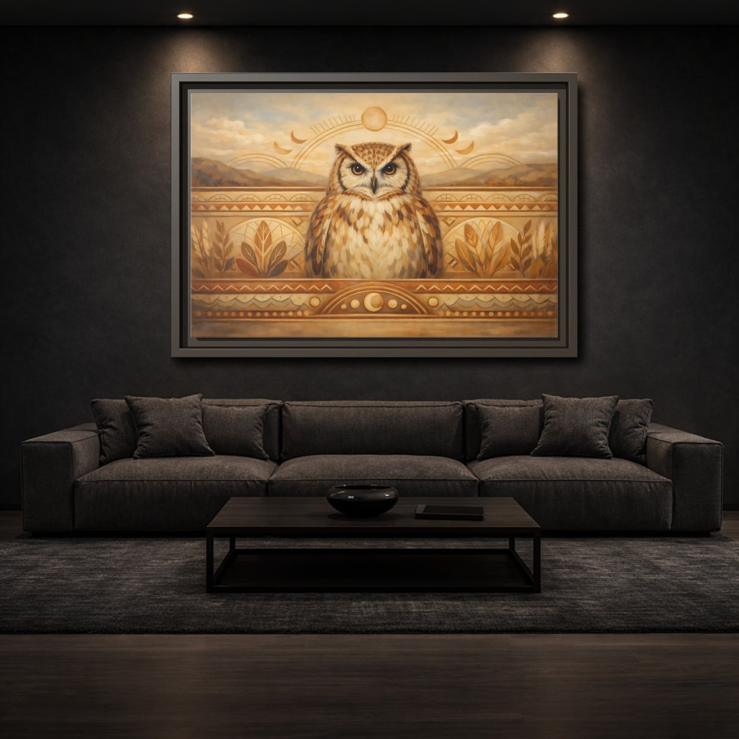 Mockup 2. Animals Owl Brown And Gold shown as stretched canvas wall art