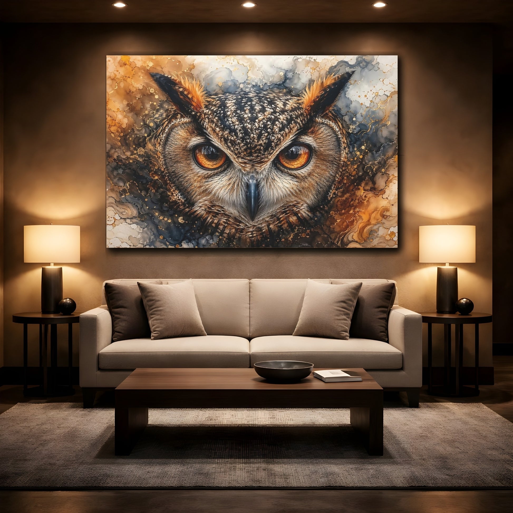 Mockup 2. Animals Owl Brown And Gold shown as stretched canvas wall art
