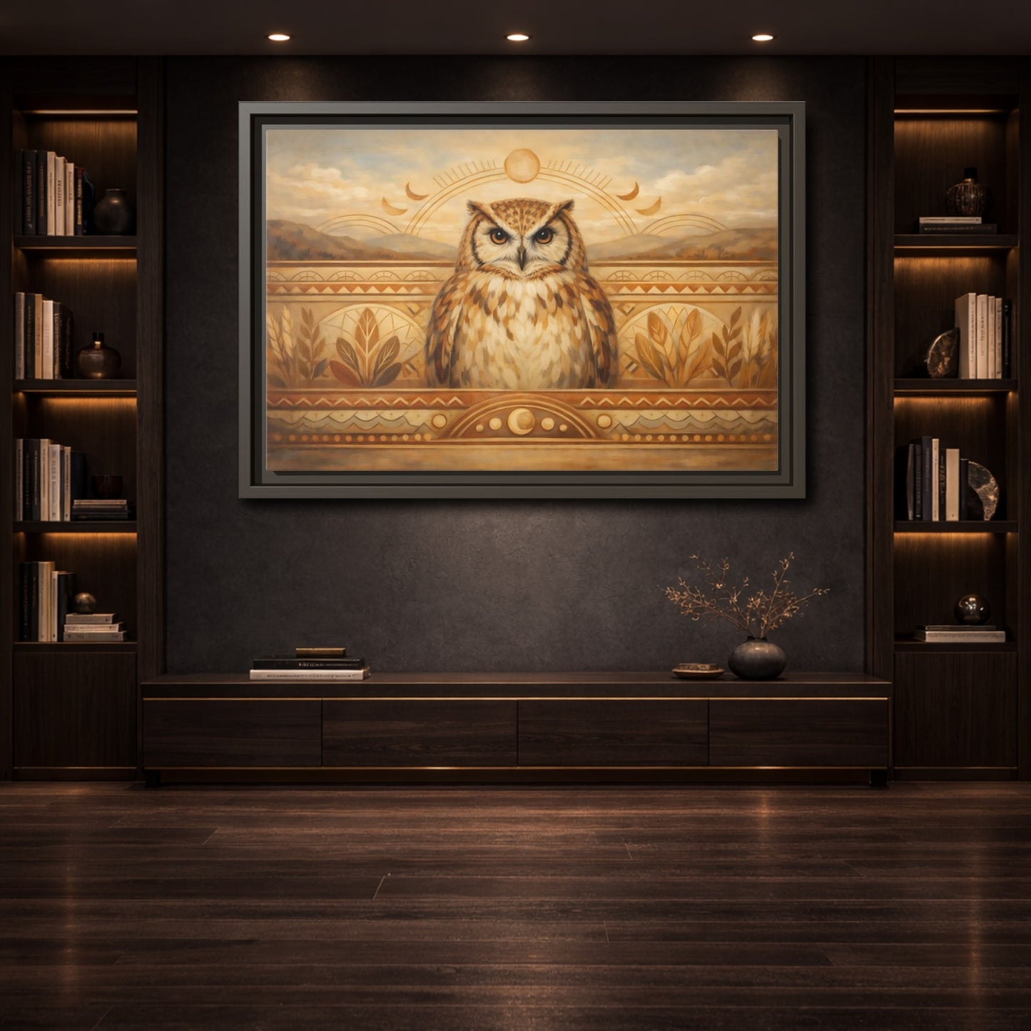 Mockup 3. Animals Owl Brown And Gold shown as stretched canvas wall art