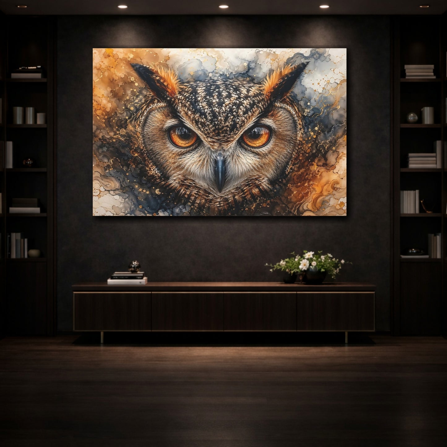Mockup 3. Animals Owl Brown And Gold shown as stretched canvas wall art