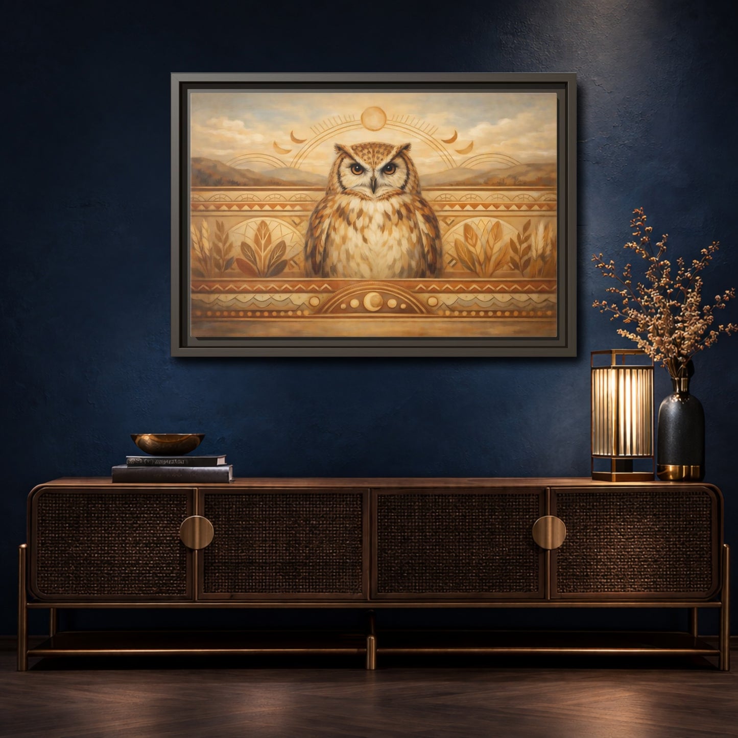 Mockup 4. Animals Owl Brown And Gold shown as stretched canvas wall art
