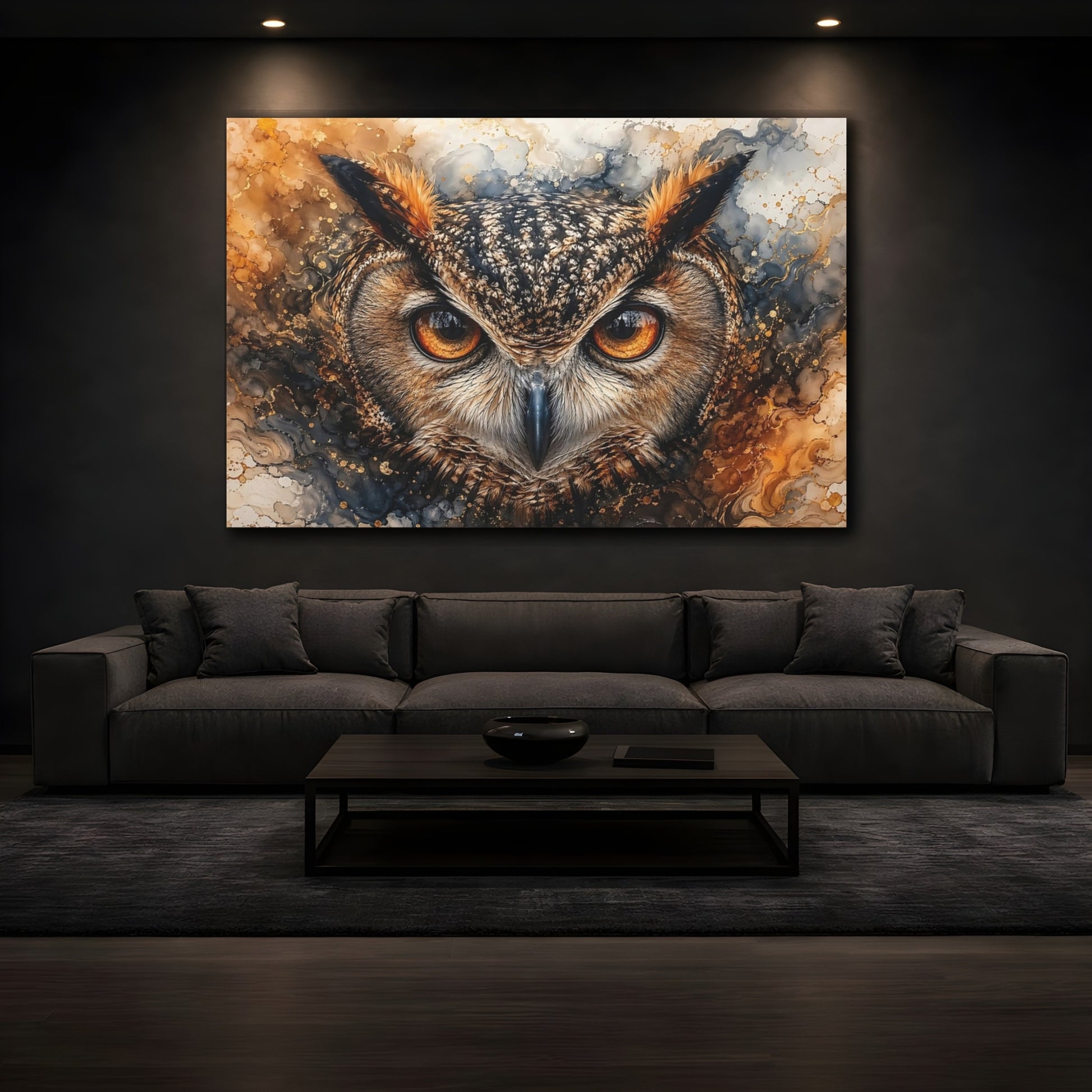 Mockup 4. Animals Owl Brown And Gold shown as stretched canvas wall art