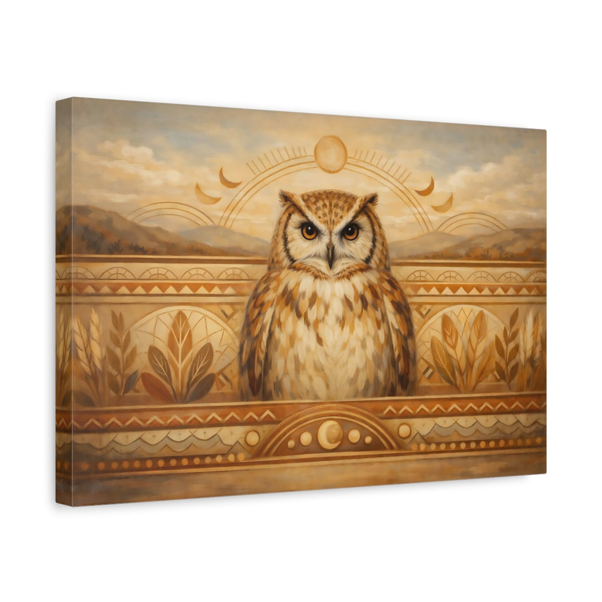 Side Mockup 4. Animals Owl Brown Owl shown as stretched canvas wall art