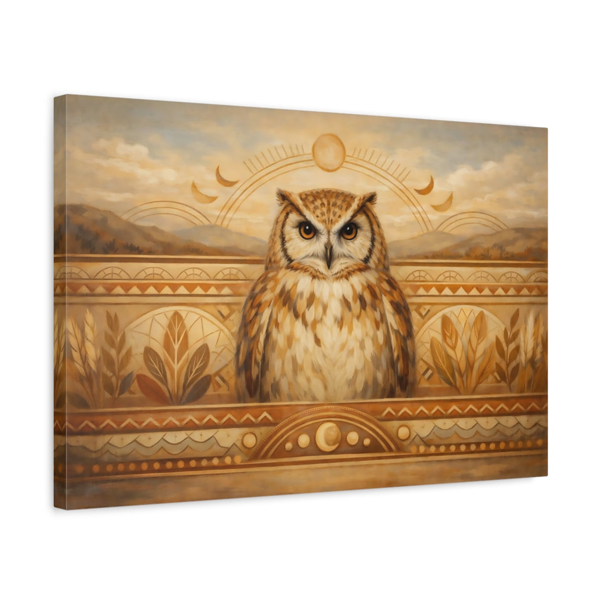 Side Mockup 3. Animals Owl Brown Owl shown as stretched canvas wall art