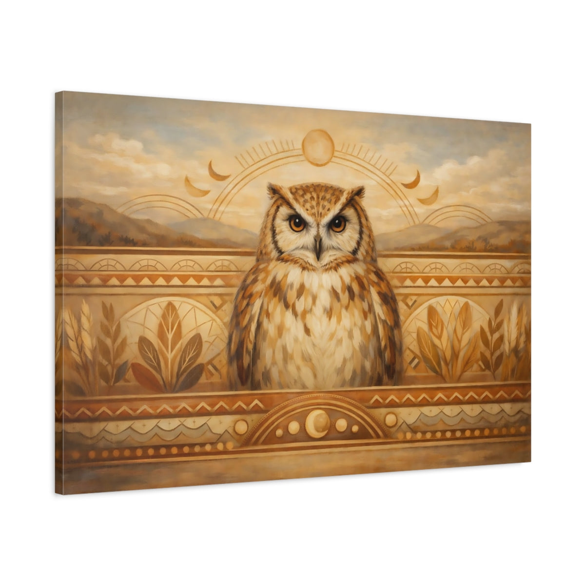 Side Mockup 1. Animals Owl Brown Owl shown as stretched canvas wall art