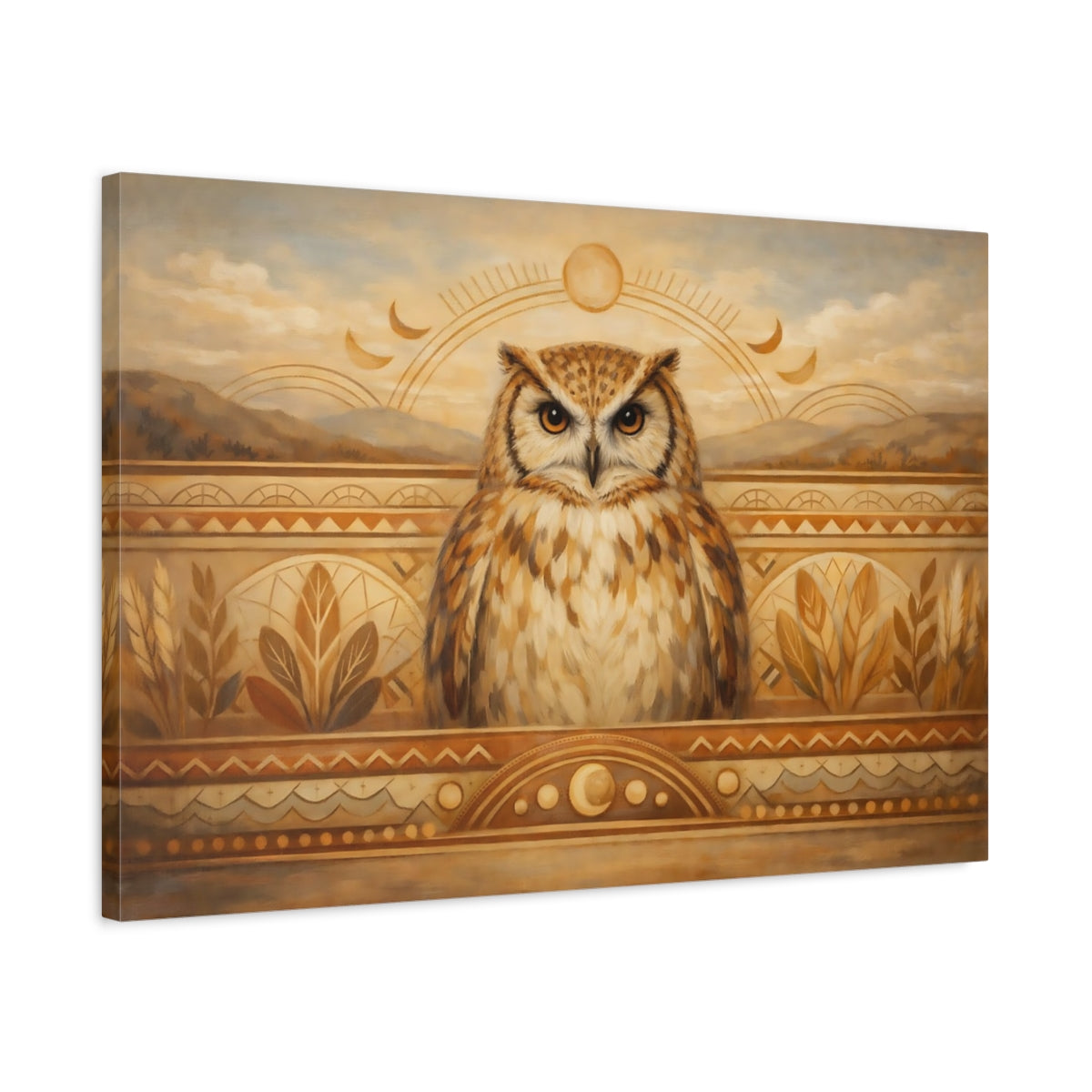 Side Mockup 2. Animals Owl Brown Owl shown as stretched canvas wall art