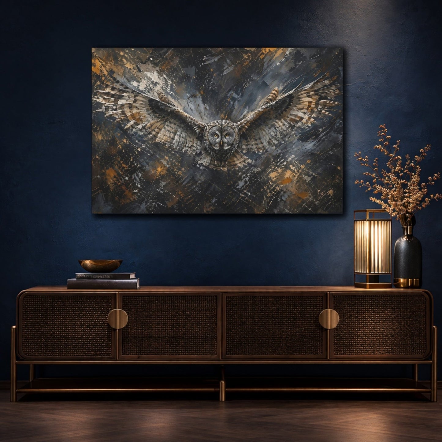 Animals Owl Dark Grey And Gold Canvas Print – Living Room, Above Couch - YesArtYes