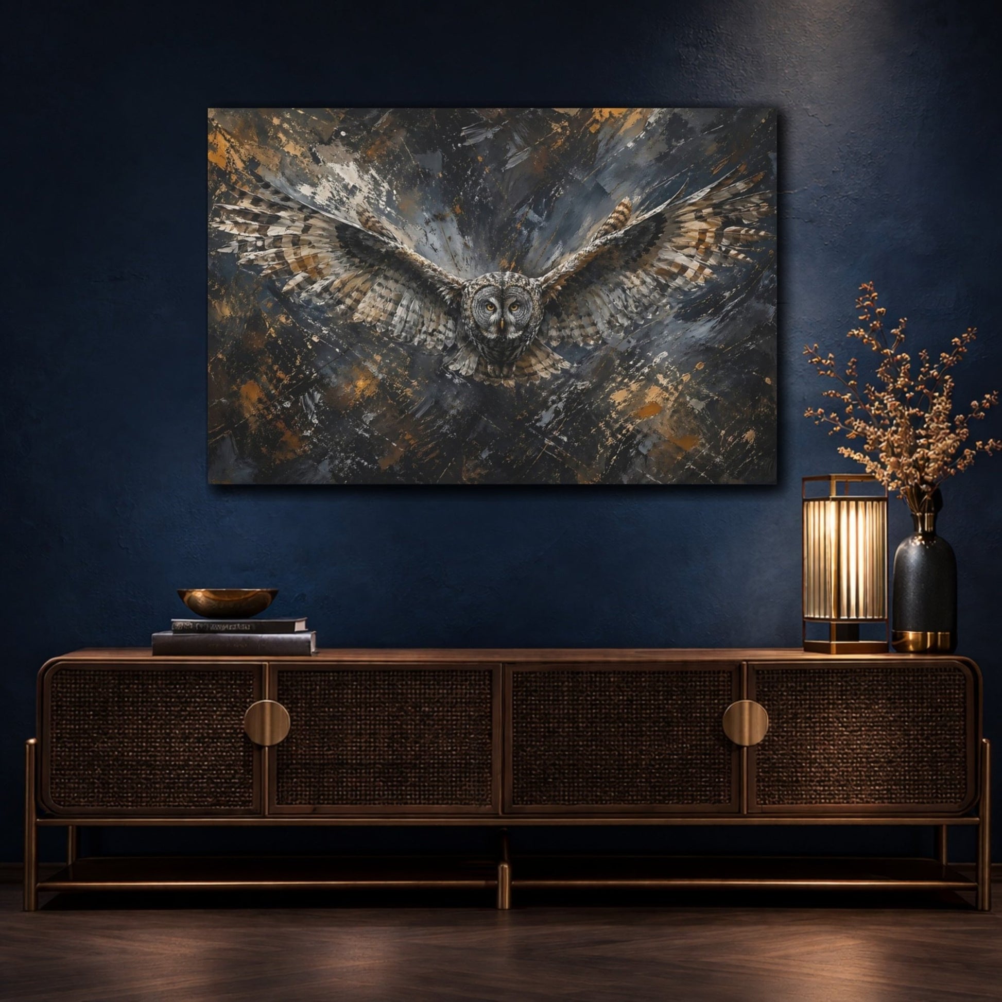 Animals Owl Dark Grey And Gold Canvas Print – Living Room, Above Couch - YesArtYes