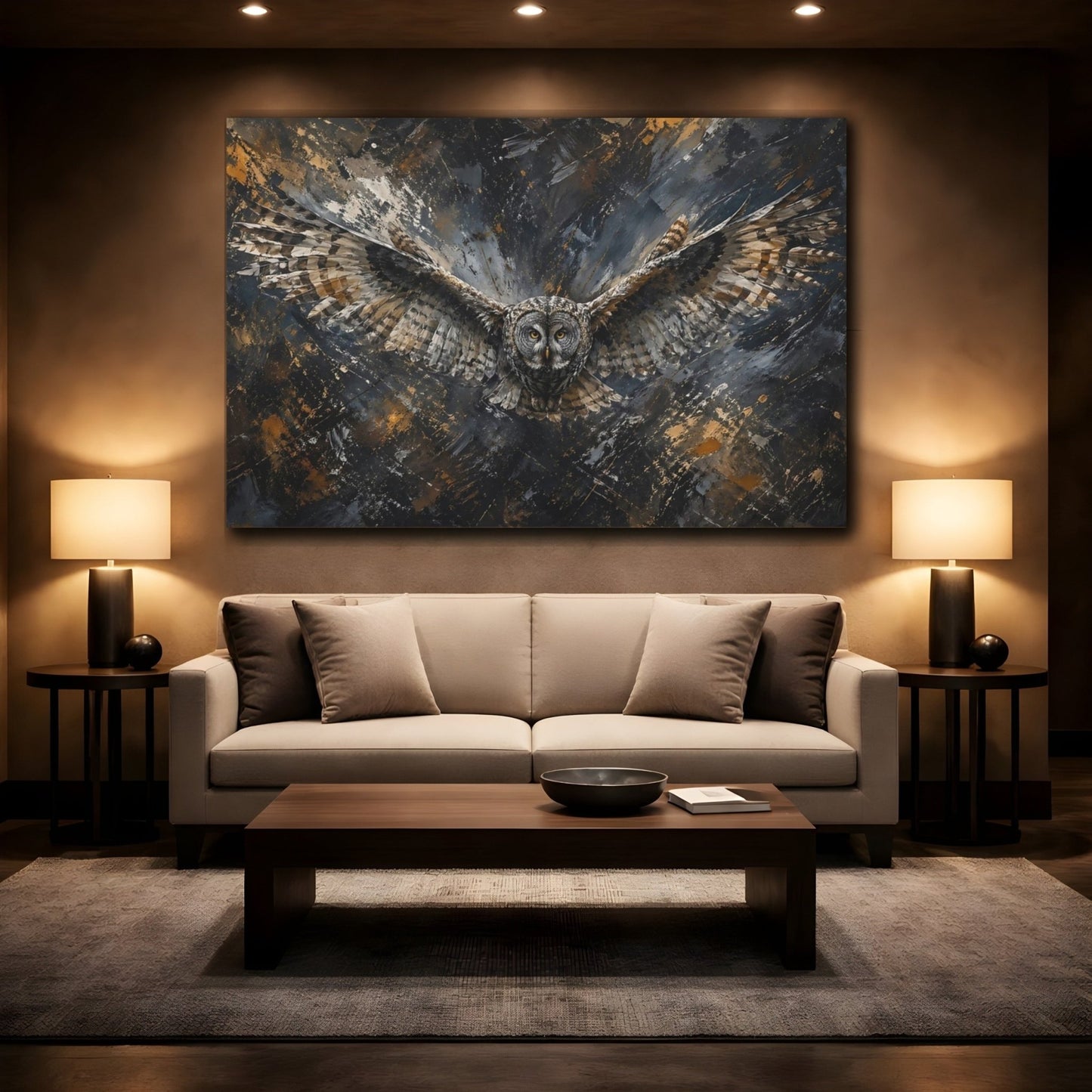 Animals Owl Dark Grey And Gold Canvas Print – Living Room, Above Couch - YesArtYes