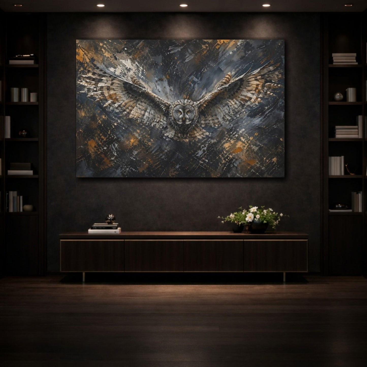 Animals Owl Dark Grey And Gold Canvas Print – Living Room, Above Couch - YesArtYes