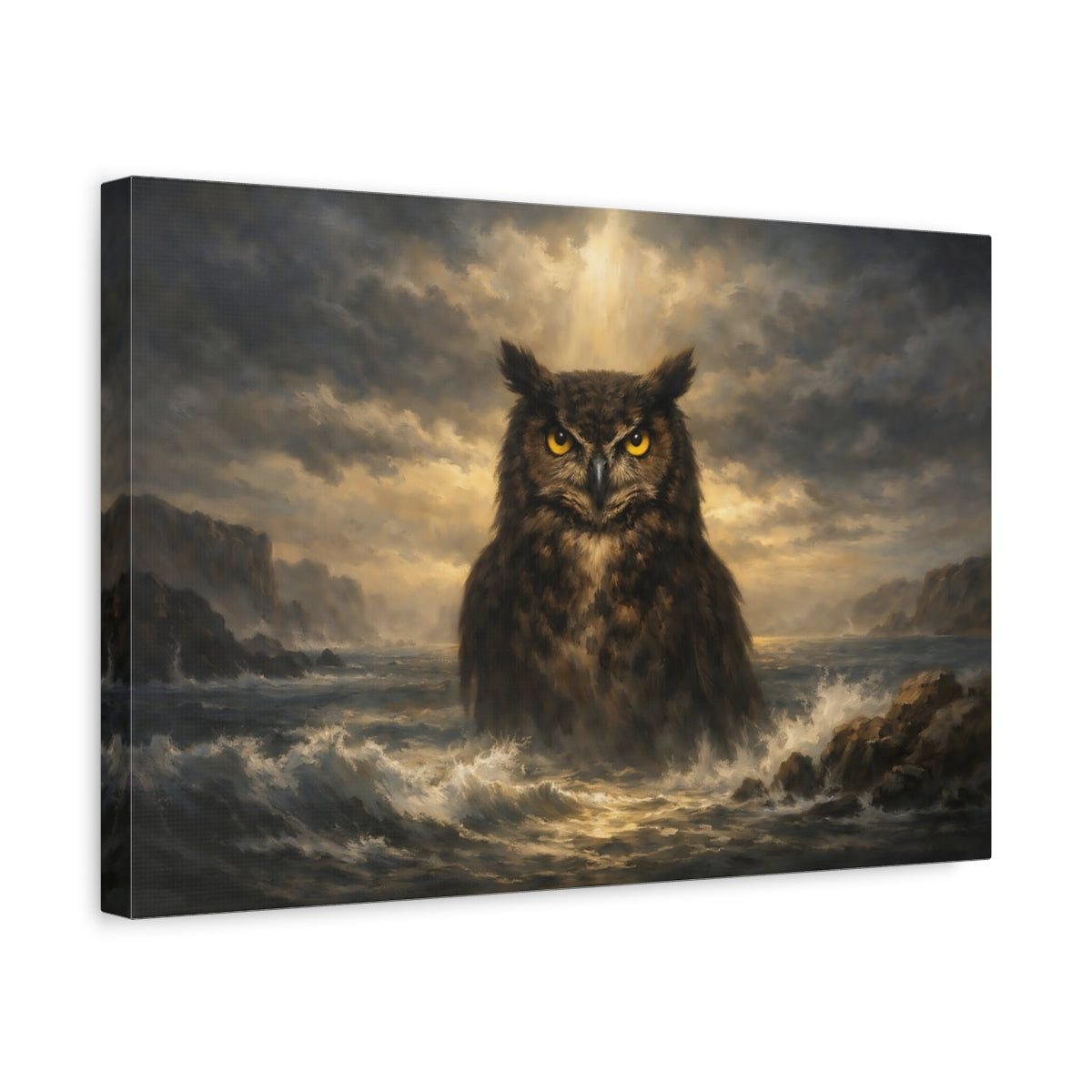 Side Mockup 4. Animals Owl Dramatic Owl shown as stretched canvas wall art