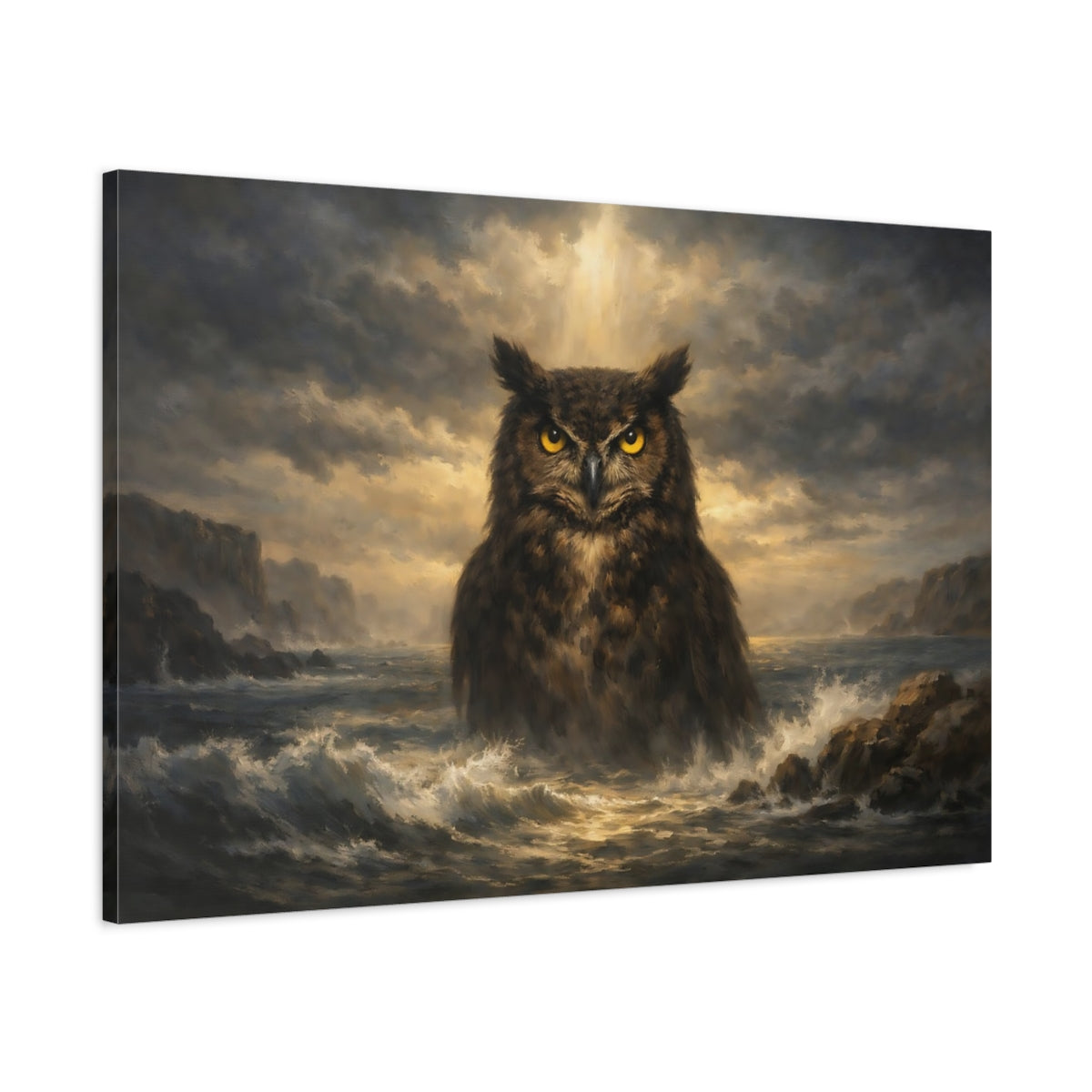 Side Mockup 1. Animals Owl Dramatic Owl shown as stretched canvas wall art