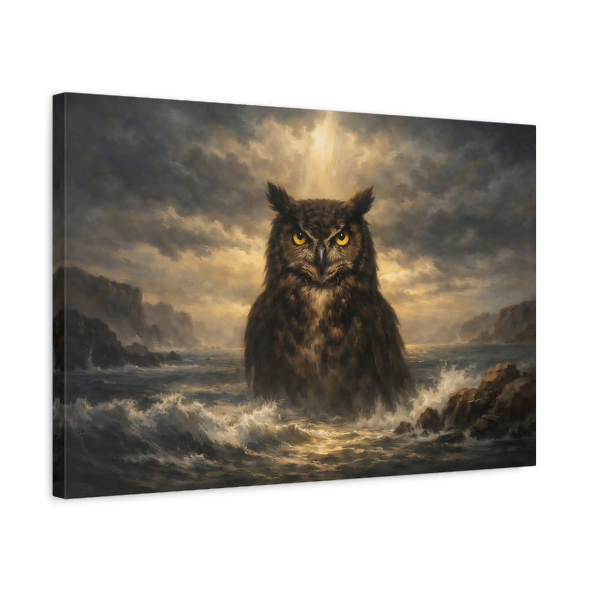 Side Mockup 3. Animals Owl Dramatic Owl shown as stretched canvas wall art