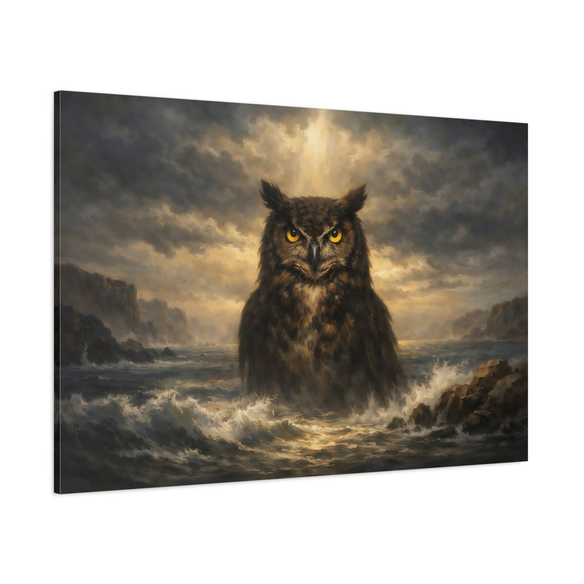 Main Mockup. Animals Owl Dramatic Owl shown as stretched canvas wall art