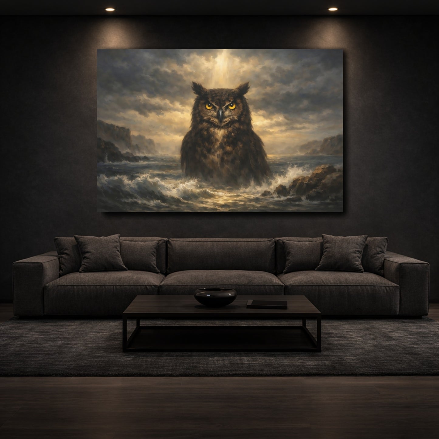 Mockup 2. Animals Owl Dramatic Owl shown as stretched canvas wall art