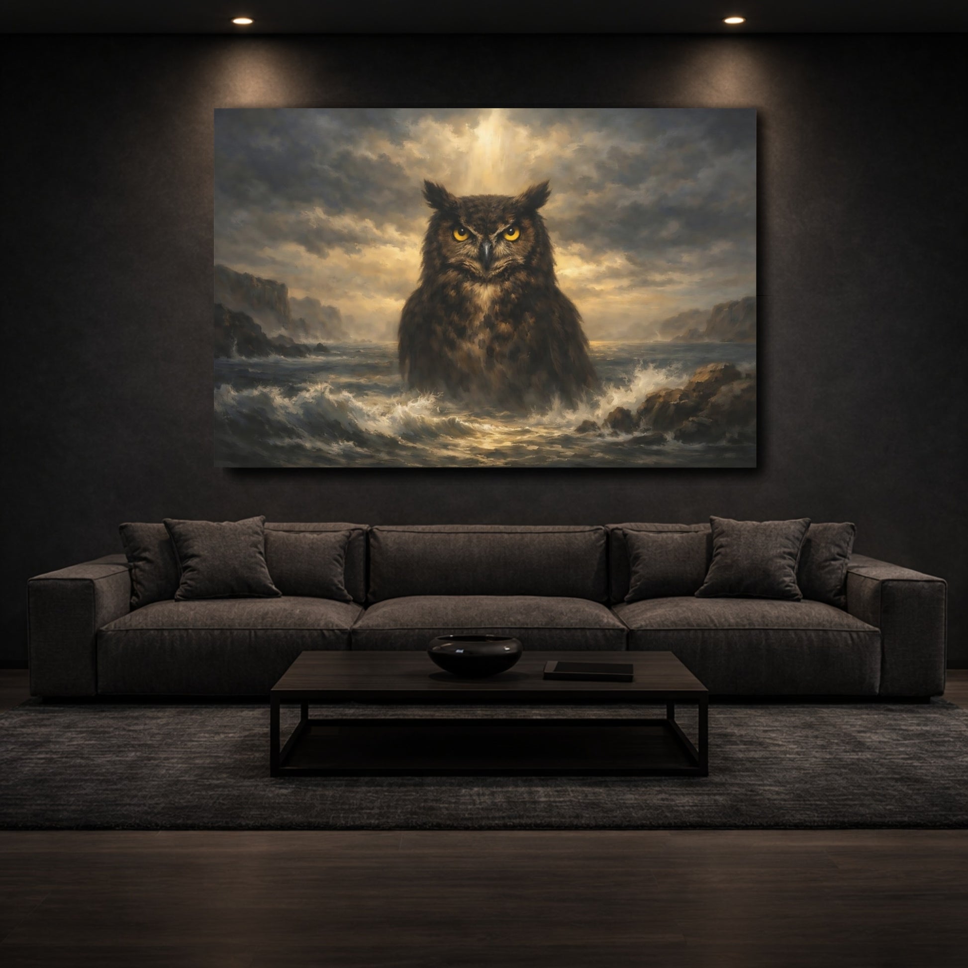 Mockup 2. Animals Owl Dramatic Owl shown as stretched canvas wall art