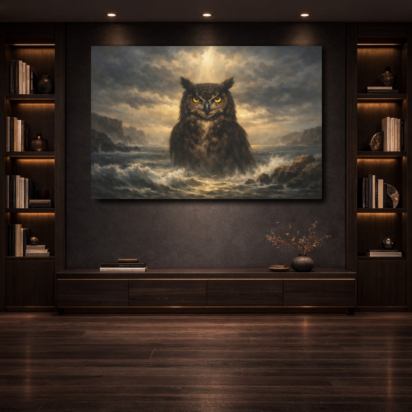 Mockup 3. Animals Owl Dramatic Owl shown as stretched canvas wall art