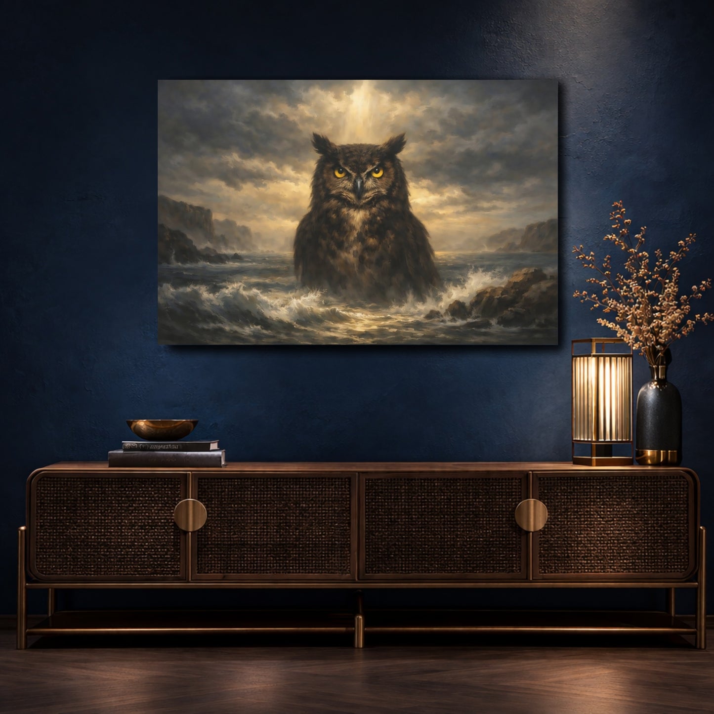 Mockup 4. Animals Owl Dramatic Owl shown as stretched canvas wall art