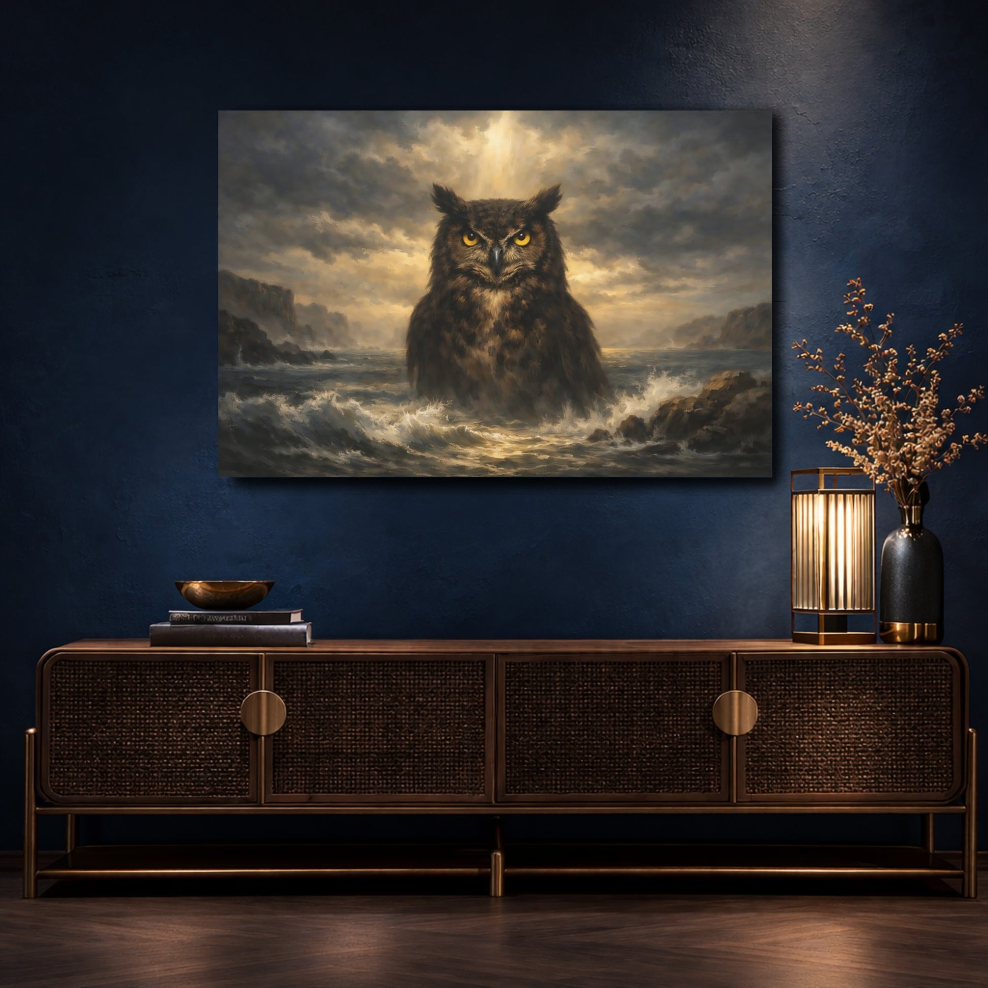 Mockup 4. Animals Owl Dramatic Owl shown as stretched canvas wall art