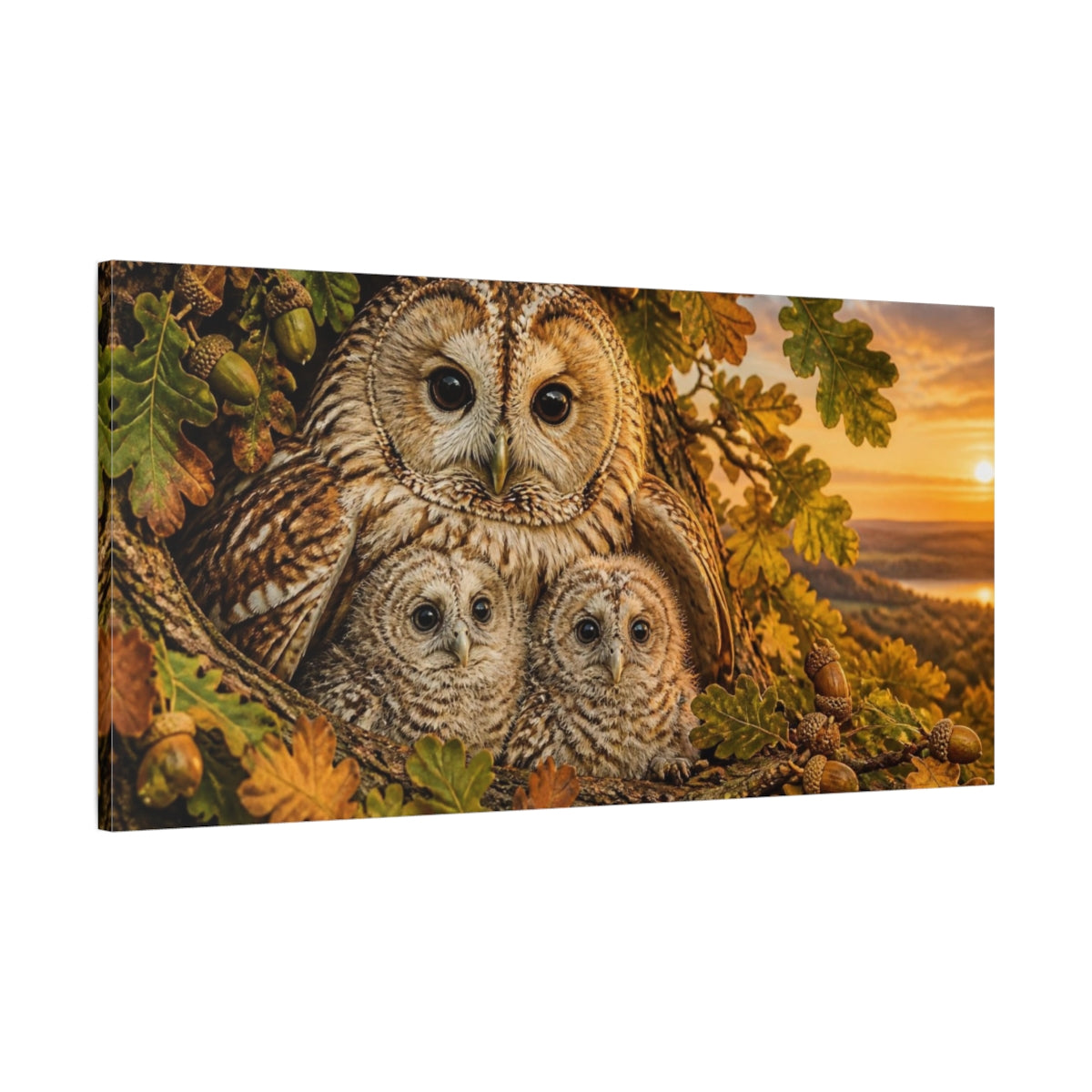 Main Mockup. Animals Owl Family At Sunset shown as canvas print