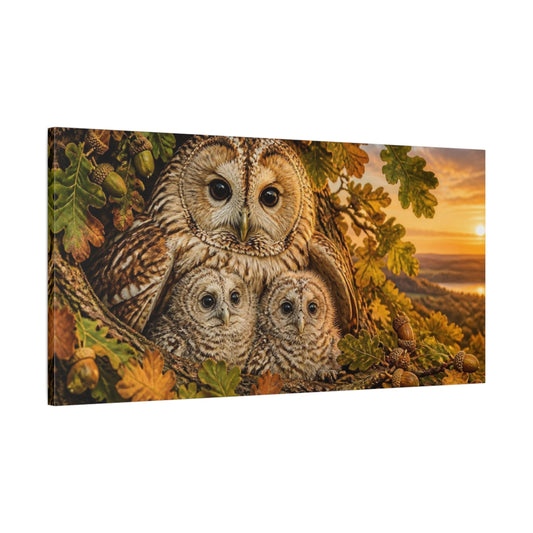 Main Mockup. Animals Owl Family At Sunset shown as canvas print