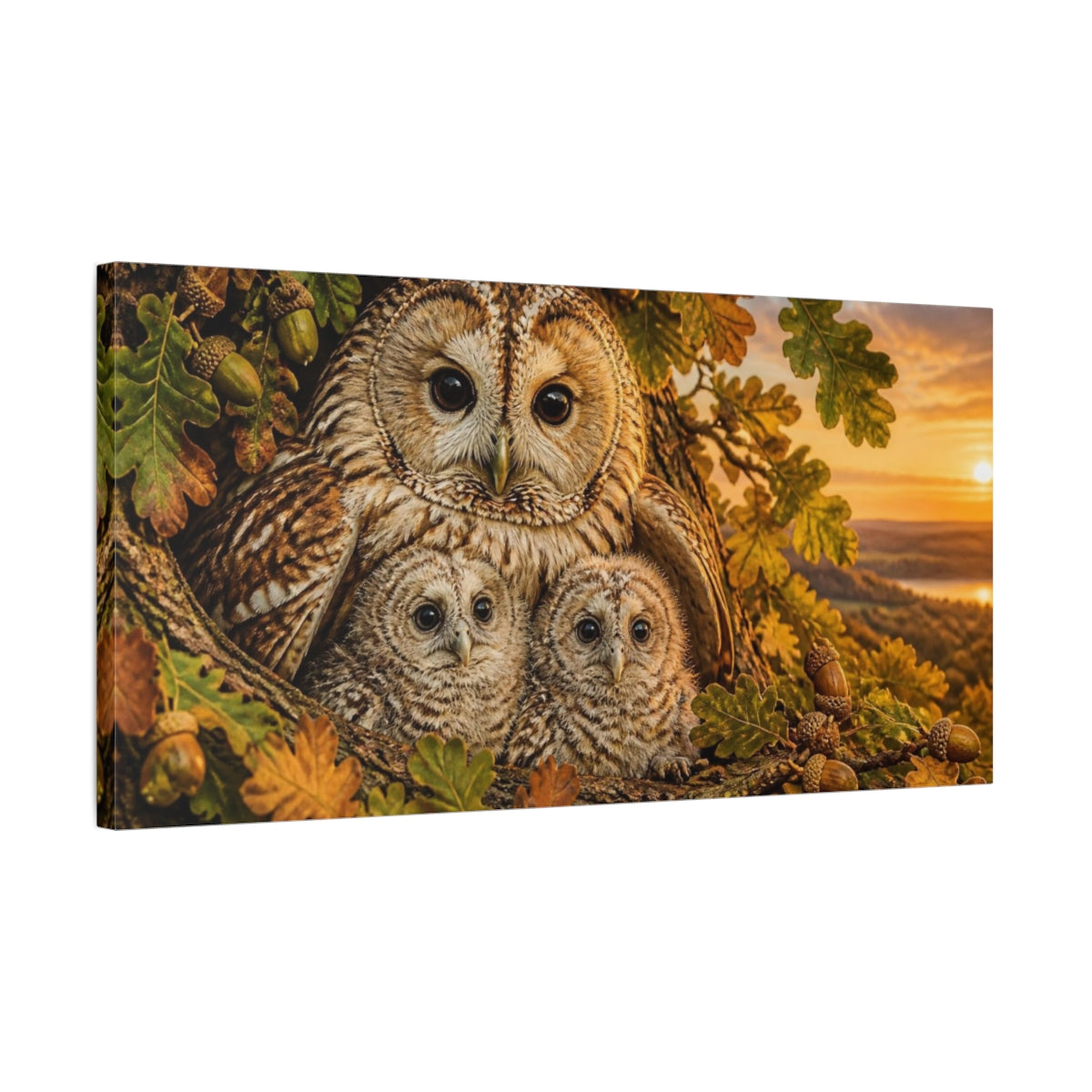 Side Mockup 1. Animals Owl Family At Sunset shown as canvas print