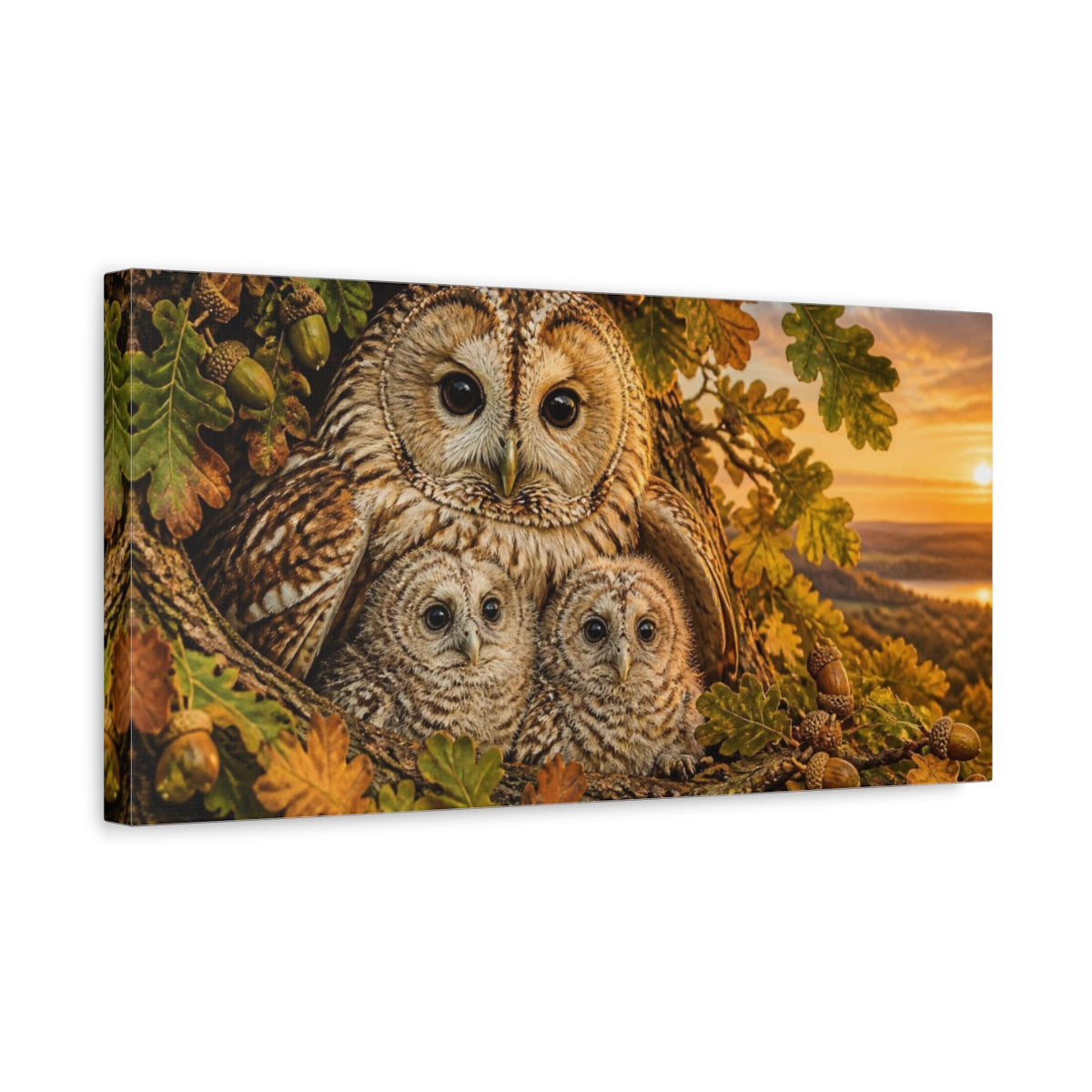 Side Mockup 3. Animals Owl Family At Sunset shown as canvas print