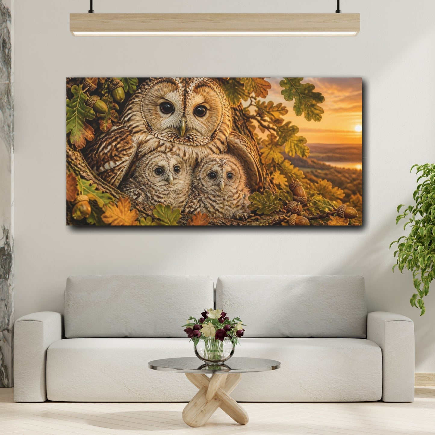 Mockup 2. Animals Owl Family At Sunset shown as canvas print