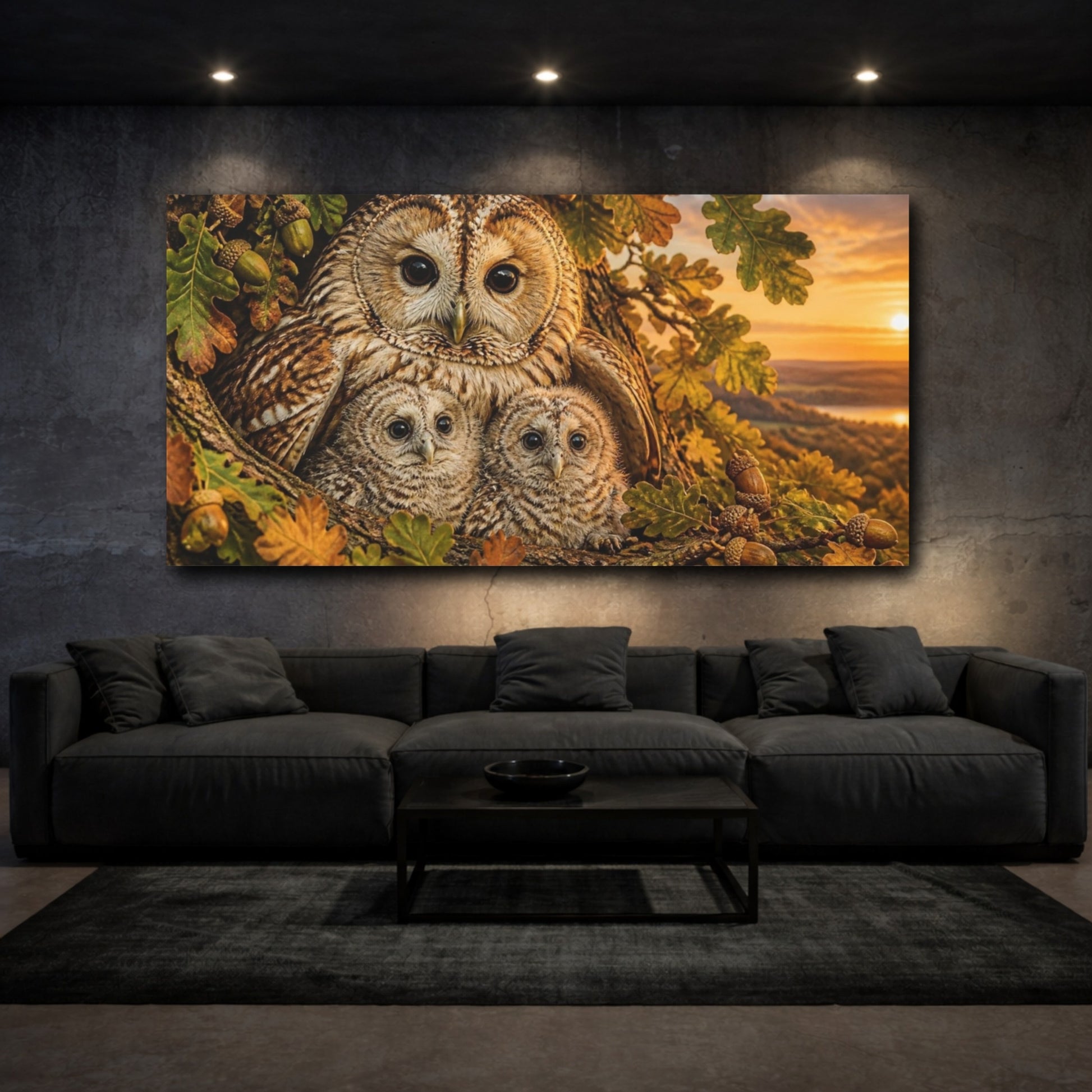 Mockup 3. Animals Owl Family At Sunset shown as canvas print