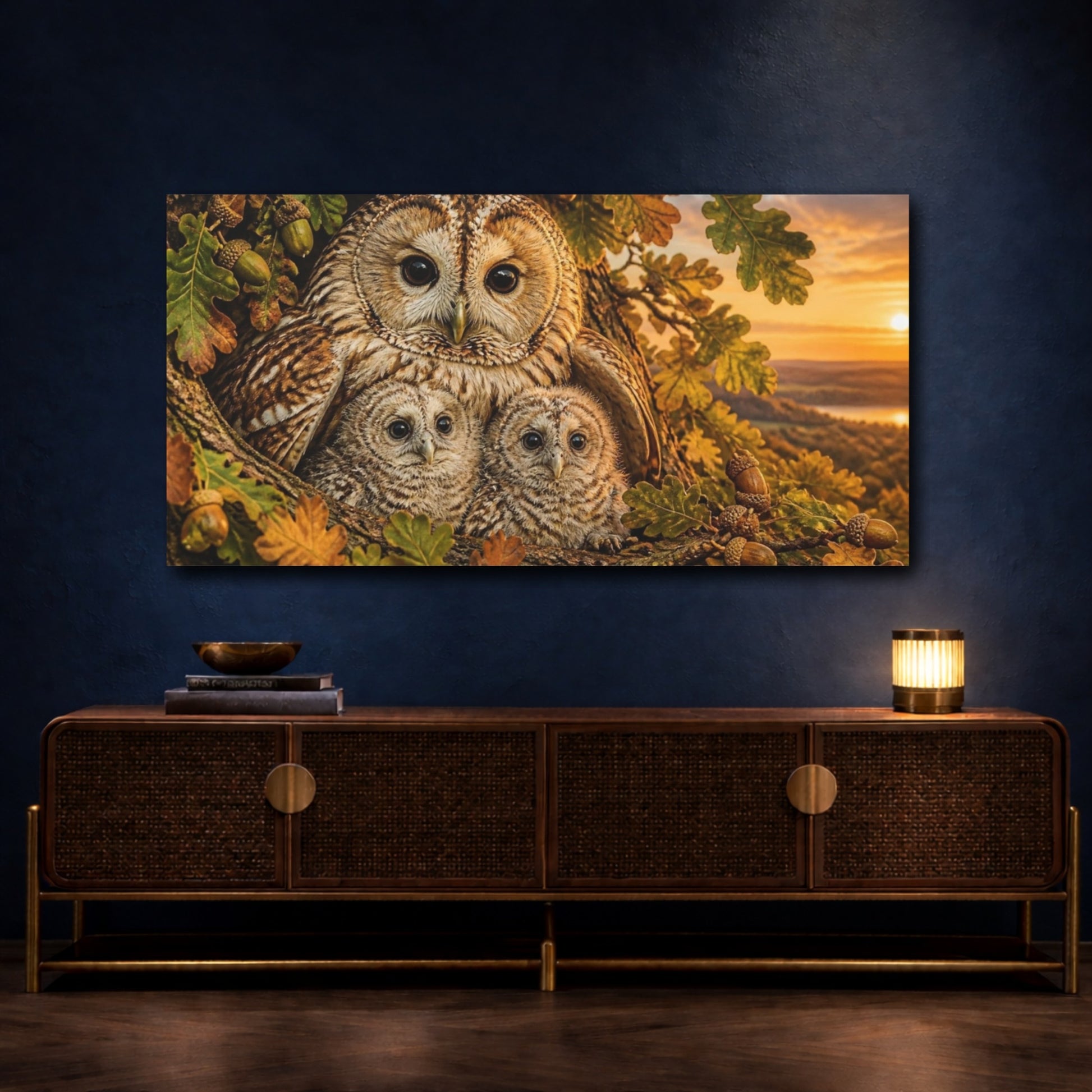 Mockup 4. Animals Owl Family At Sunset shown as canvas print