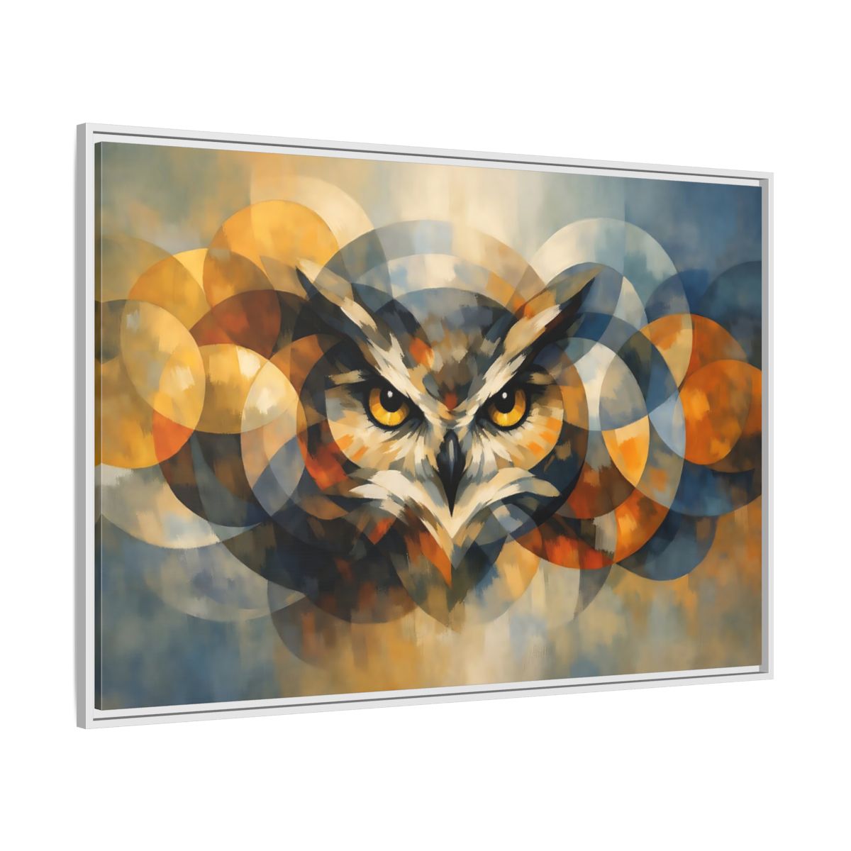 Side Mockup 7. Animals Owl Gold And Blue Owl shown as stretched canvas wall art