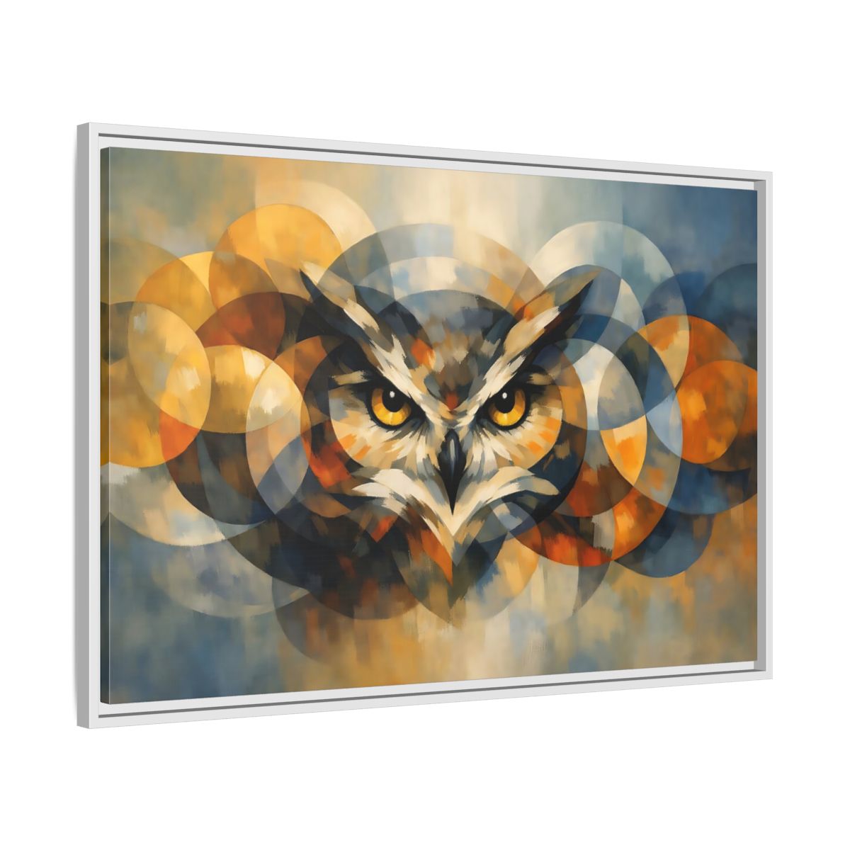 Side Mockup 8. Animals Owl Gold And Blue Owl shown as stretched canvas wall art