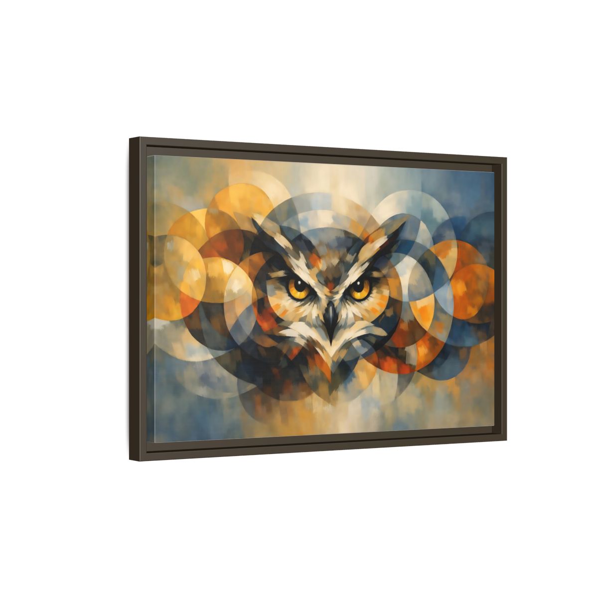 Side Mockup 2. Animals Owl Gold And Blue Owl shown as stretched canvas wall art