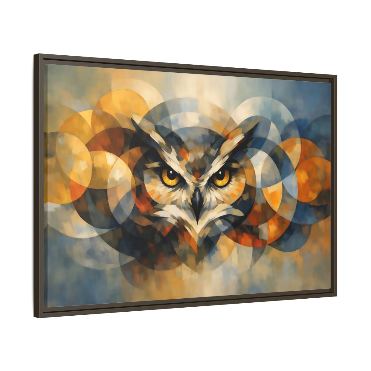 Side Mockup 9. Animals Owl Gold And Blue Owl shown as stretched canvas wall art