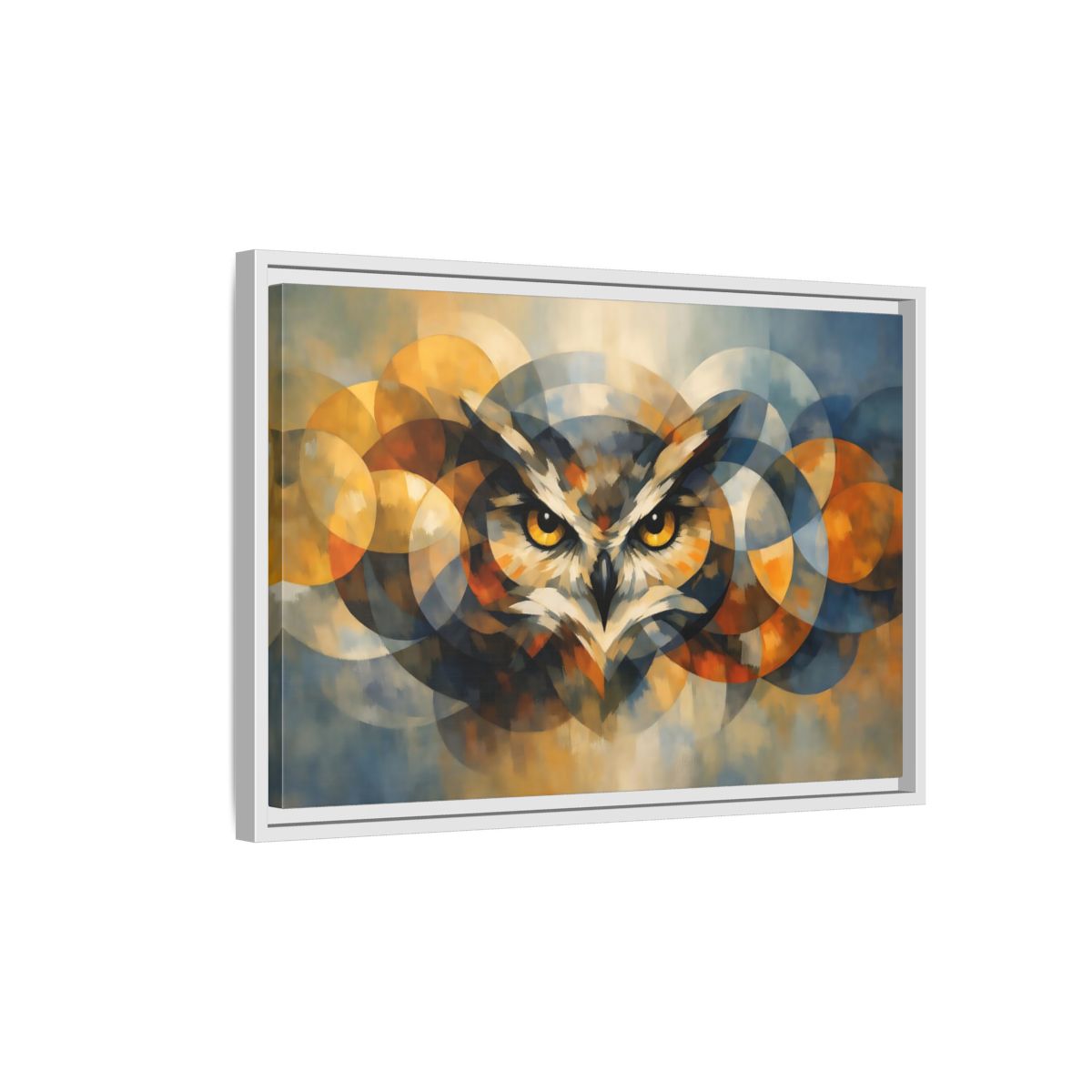 Side Mockup 1. Animals Owl Gold And Blue Owl shown as stretched canvas wall art